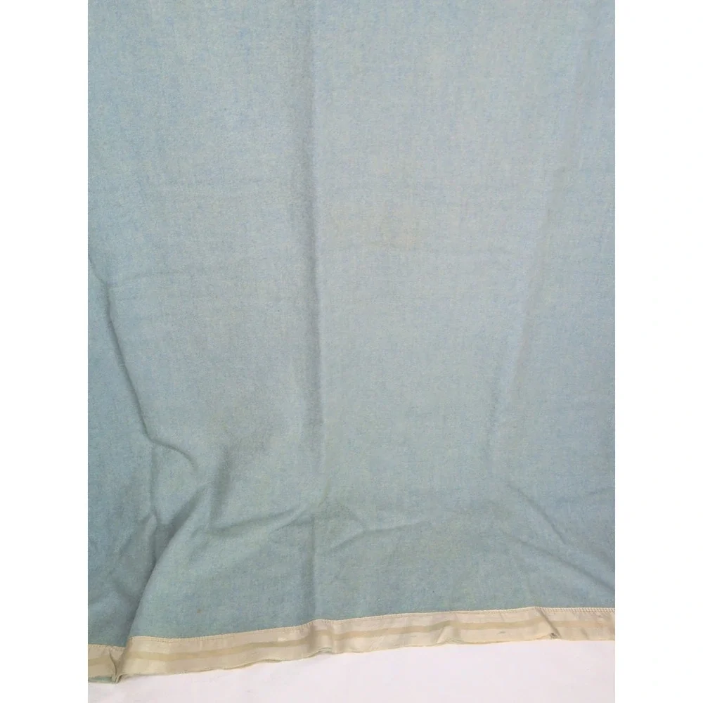 Vintage Kenwood Wool Satin Trim Teal Blue Blanket 73X84 In